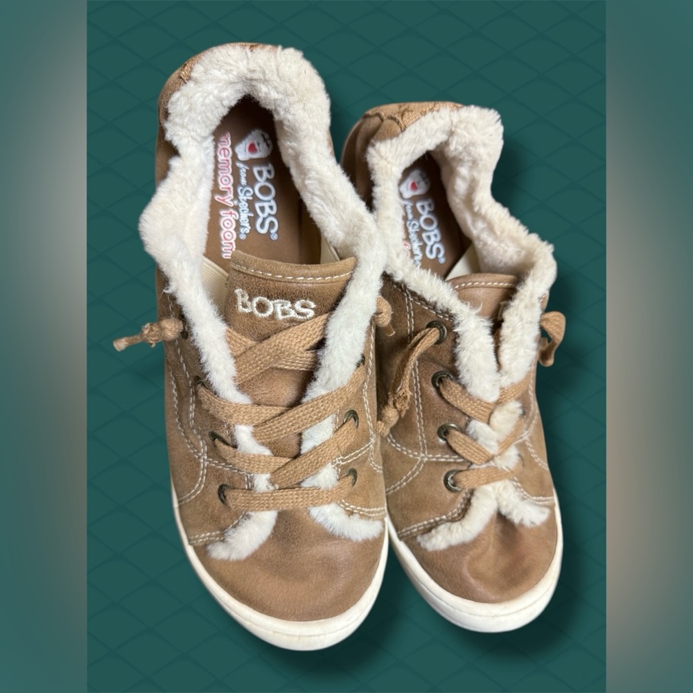 BOBS Brown and Cream Memory Foam Fur Lined Sneakers - Picture 1 of 4